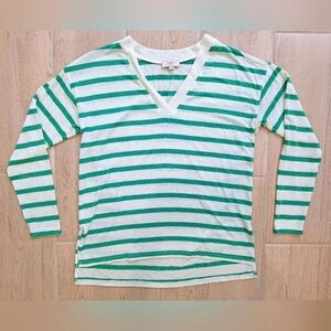 Loft green and white striped long-sleeved V-neck shirt - size small